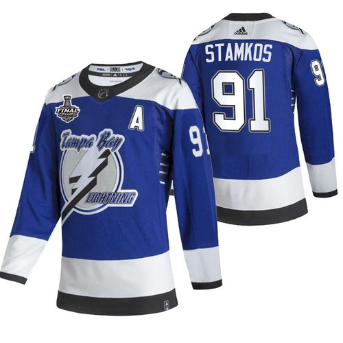 Men's Tampa Bay Lightning #91 Steven Stamkos 2021 Blue Stanley Cup Final Bound Reverse Retro Stitched NHL Jersey