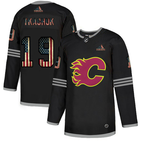 Men's Calgary Flames #19 Matthew Tkachuk 2020 Grey USA Flag Stitched NHL Jersey