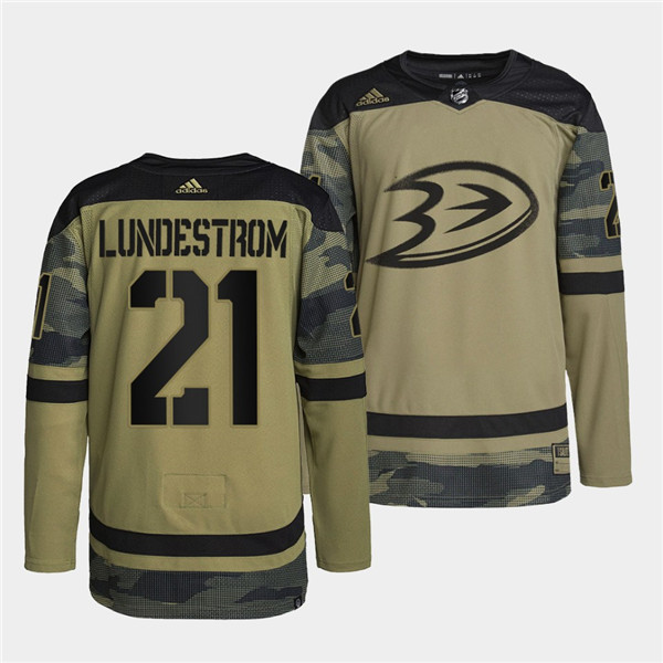Men's Anaheim Ducks #21 Isac Lundestrom 2022 Camo Military Appreciation Night Stitched Jersey