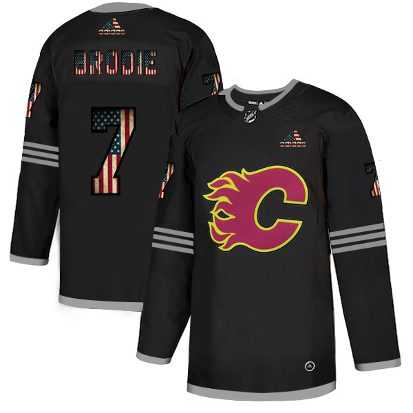 Men's Calgary Flames #7 T.J. Brodie 2020 Grey USA Flag Stitched NHL Jersey