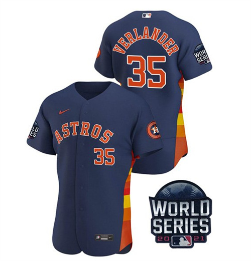 Men's Houston Astros #35 Justin Verlander 2021 Navy World Series Flex Base Stitched Baseball Jersey
