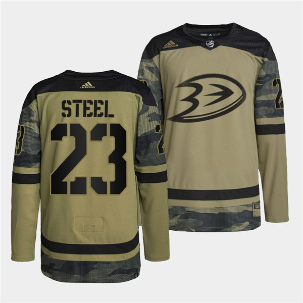 Men's Anaheim Ducks #23 Sam Steel 2022 Camo Military Appreciation Night Stitched Jersey