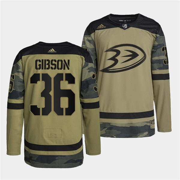 Men's Anaheim Ducks #36 John Gibson 2022 Camo Military Appreciation Night Stitched Jersey