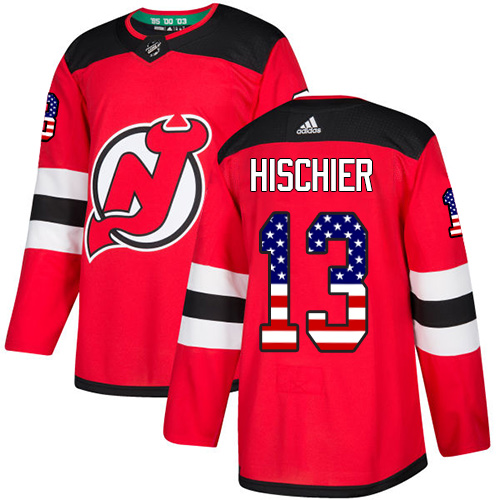Men's New Jersey Devils #13 Nico Hischier Red USA Flag Stitched NHL Jersey