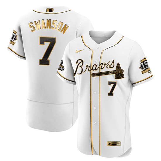 Men's Atlanta Braves #7 Dansby Swanson 2021 White Gold World Series Champions With 150th Anniversary Flex Base Stitched Jersey