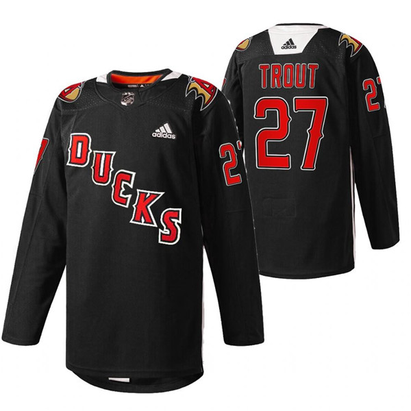 Men's Anaheim Ducks #27 Mike Trout 2022 Black Angels Night Stitched Jersey