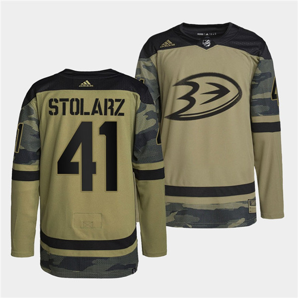 Men's Anaheim Ducks #41 Anthony Stolarz 2022 Camo Military Appreciation Night Stitched Jersey