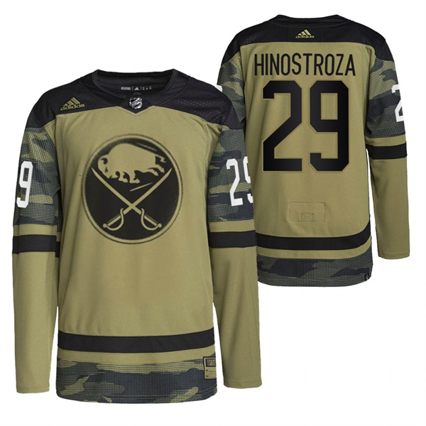 Men's Buffalo Sabres #29 Vinnie Hinostroza 2022 Camo Military Appreciation Night Stitched Jersey