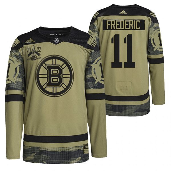 Men's Boston Bruins #11 Trent Frederic 2022 Camo Military Appreciation Night Stitched Jersey