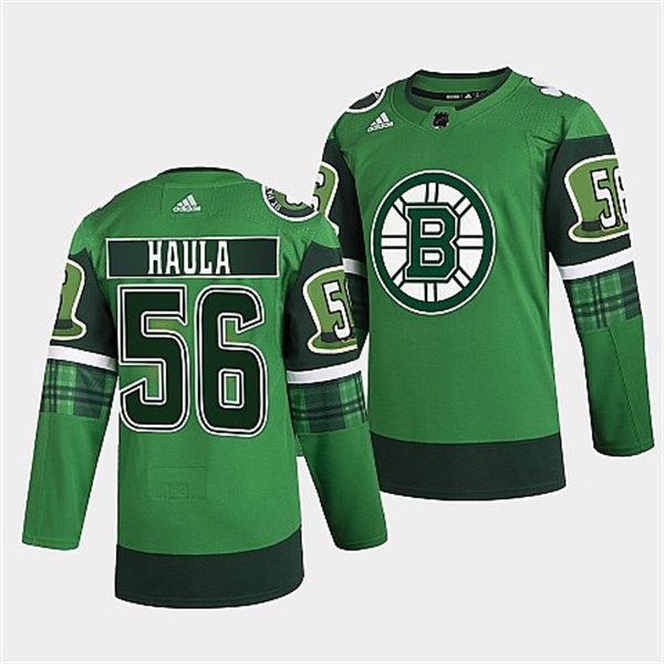 Men's Boston Bruins #56 Erik Haula 2022 Green St Patricks Day Warm-Up Stitched Jersey