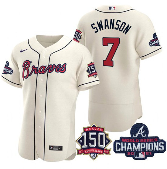 Men's Atlanta Braves #7 Dansby Swanson 2021 Cream World Series Champions With 150th Anniversary Flex Base Stitched Jersey