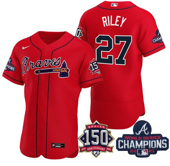 Men's Atlanta Braves #27 Austin Riley 2021 Red World Series Champions With 150th Anniversary Flex Base Stitched Jersey