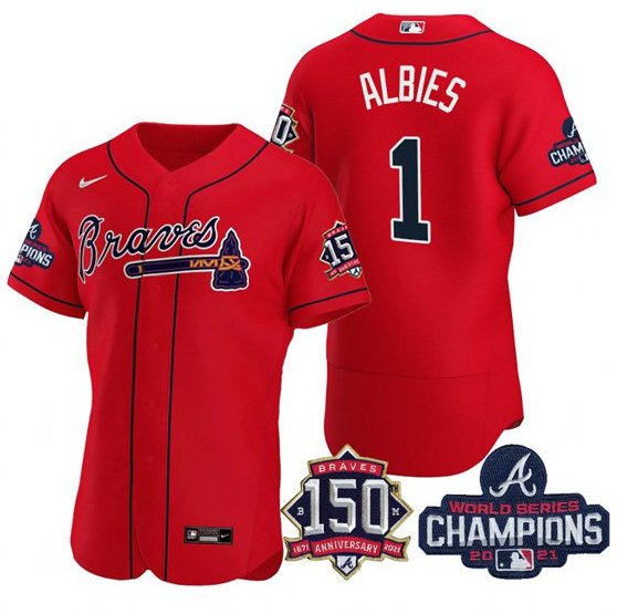 Men's Atlanta Braves #1 Ozzie Albies 2021 Red World Series Champions With 150th Anniversary Flex Base Stitched Jersey