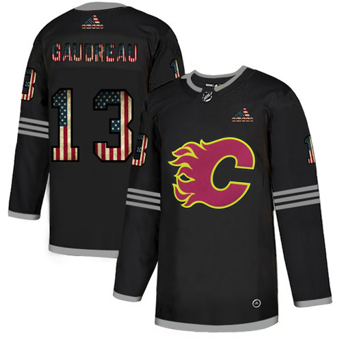 Men's Calgary Flames #13 Johnny Gaudreau 2020 Grey USA Flag Stitched NHL Jersey