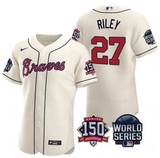 Men's Atlanta Braves #27 Austin Riley 2021 Cream World Series Flex Base With 150th Anniversary Patch Stitched Baseball Jersey