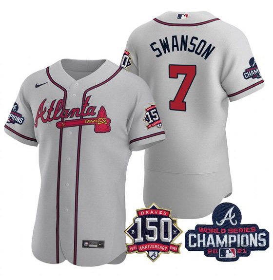 Men's Atlanta Braves #7 Dansby Swanson 2021 Gray World Series Champions With 150th Anniversary Flex Base Stitched Jersey