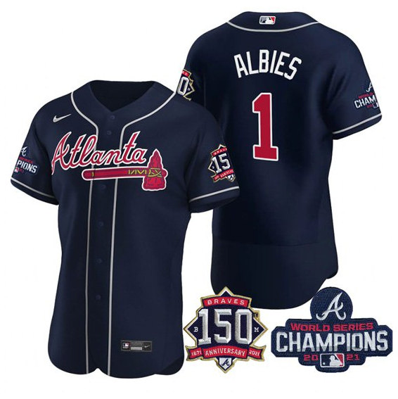 Men's Atlanta Braves #1 Ozzie Albies 2021 Navy World Series Champions With 150th Anniversary Flex Base Stitched Jersey