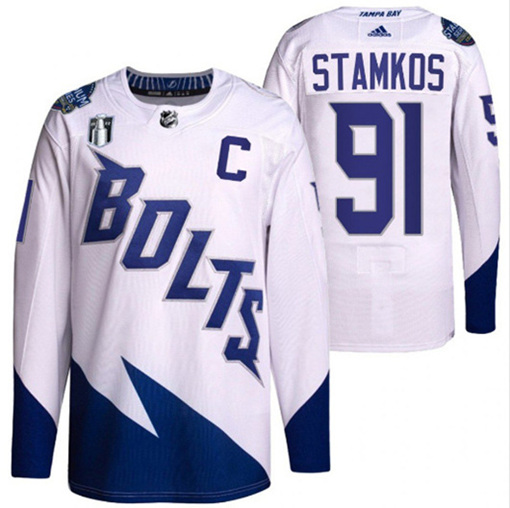 Men's Tampa Bay Lightning #91 Steven Stamkos 2022 White Stanley Cup Final Patch Breakaway Stitched Jersey