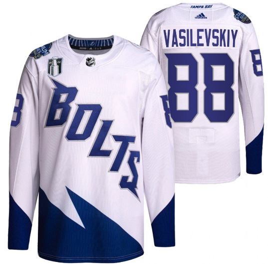 Men's Tampa Bay Lightning #88 Andrei Vasilevskiy 2022 White Stanley Cup Final Patch Breakaway Stitched Jersey