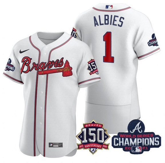 Men's Atlanta Braves #1 Ozzie Albies 2021 White World Series Champions With 150th Anniversary Flex Base Stitched Jersey