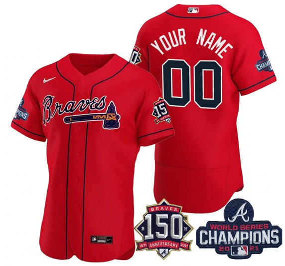 Men's Atlanta Braves Red ACTIVE PLAYER Custom 2021 World Series Champions With 150th Anniversary Stitched Jersey