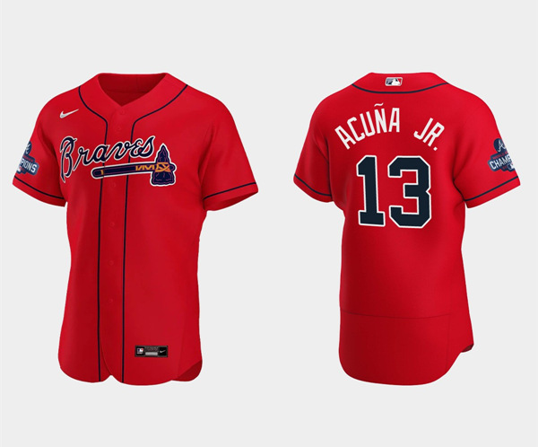 Men's Atlanta Braves #13 Ronald Acuna Jr. 2021 Red World Series Champions Stitched Baseball Jersey