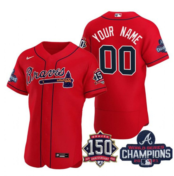 Men's Atlanta Braves Red ACTIVE PLAYER Custom 2021 World Series Champions With 150th Anniversary Patch Stitched Jersey