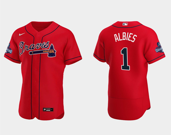 Men's Atlanta Braves #1 Ozzie Albies 2021 Red World Series Champions Flex Base Stitched Baseball Jersey