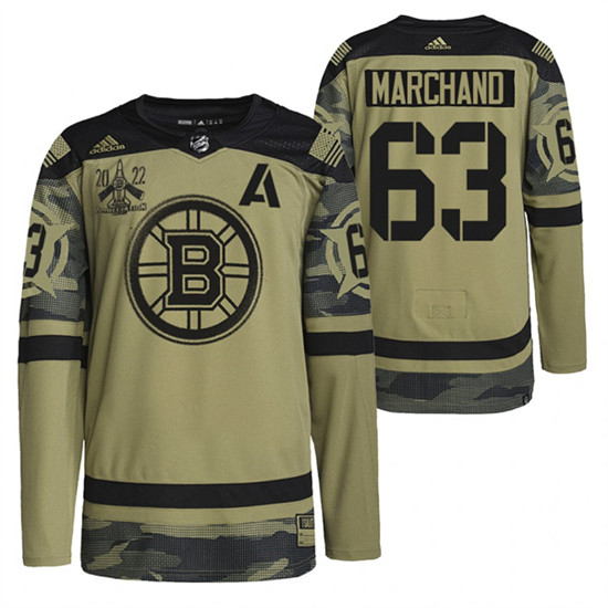 Men's Boston Bruins #63 Brad Marchand 2022 Camo Military Appreciation Night Stitched Jersey