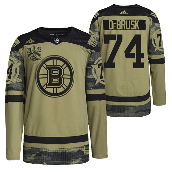 Men's Boston Bruins #74 Jake DeBrusk 2022 Camo Military Appreciation Night Stitched Jersey