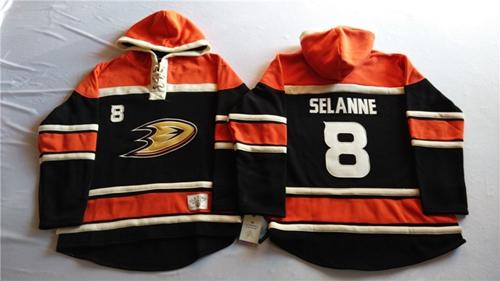 Ducks #8 Teemu Selanne Black Sawyer Hooded Sweatshirt Stitched NHL Jersey