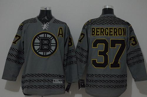 Bruins #37 Patrice Bergeron Charcoal Cross Check Fashion Stitched NHL Jersey