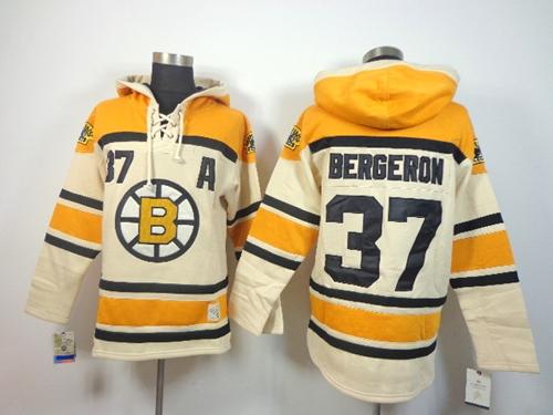 Bruins #37 Patrice Bergeron Cream Sawyer Hooded Sweatshirt Stitched NHL Jersey