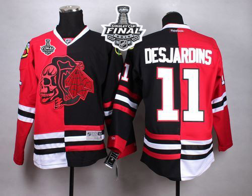 Blackhawks #11 Andrew Desjardins Red/Black Split Red Skull 2015 Stanley Cup Stitched NHL Jersey