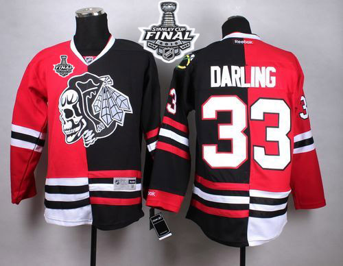 Blackhawks #33 Scott Darling Red/Black Split White Skull 2015 Stanley Cup Stitched NHL Jersey