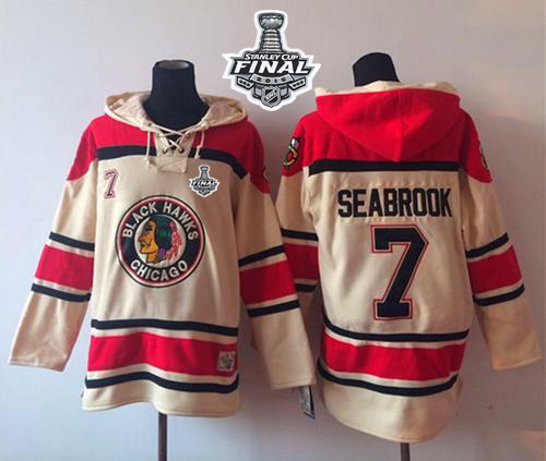 Blackhawks #7 Brent Seabrook Cream Sawyer Hooded Sweatshirt 2015 Stanley Cup Stitched NHL Jersey