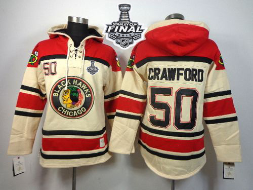 Blackhawks #50 Corey Crawford White Sawyer Hooded Sweatshirt 2015 Stanley Cup Stitched NHL Jersey