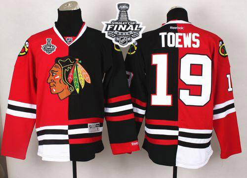 Blackhawks #19 Jonathan Toews Red/Black Split 2015 Stanley Cup Stitched NHL Jersey
