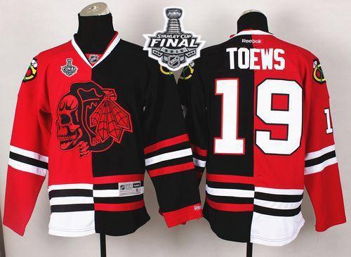 Blackhawks #19 Jonathan Toews Red/Black Split Red Skull 2015 Stanley Cup Stitched NHL Jersey
