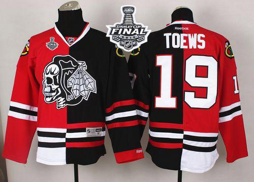 Blackhawks #19 Jonathan Toews Red/Black Split White Skull 2015 Stanley Cup Stitched NHL Jersey