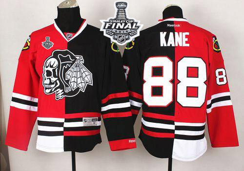 Blackhawks #88 Patrick Kane Red/Black Split White Skull 2015 Stanley Cup Stitched NHL Jersey