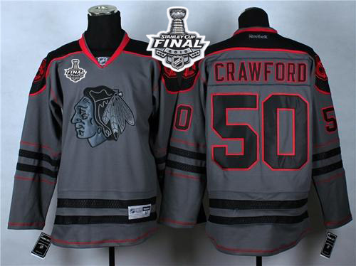 Blackhawks #50 Corey Crawford Charcoal Cross Check Fashion 2015 Stanley Cup Stitched NHL Jersey