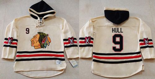 Blackhawks #9 Bobby Hull Cream Heavyweight Pullover Hoodie Stitched NHL Jersey