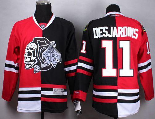 Blackhawks #11 Andrew Desjardins Red/Black Split White Skull Stitched NHL Jersey