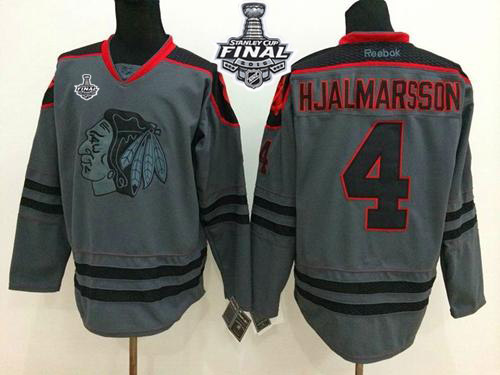 Blackhawks #4 Niklas Hjalmarsson Charcoal Cross Check Fashion 2015 Stanley Cup Stitched NHL Jersey