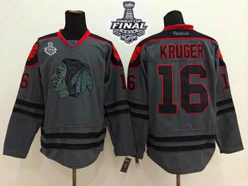 Blackhawks #16 Marcus Kruger Charcoal Cross Check Fashion 2015 Stanley Cup Stitched NHL Jersey