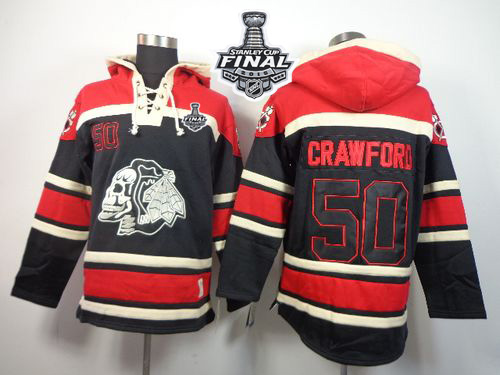 Blackhawks #50 Corey Crawford Black Sawyer Hooded Sweatshirt 2015 Stanley Cup Stitched NHL Jersey