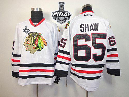 Blackhawks #65 Andrew Shaw White 2015 Stanley Cup Stitched NHL Jersey