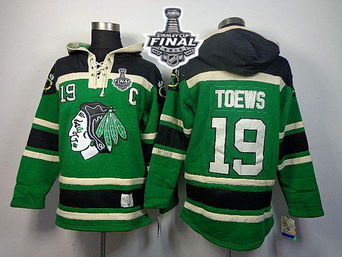 Blackhawks #19 Jonathan Toews Green St. Patrick's Day McNary Lace Hoodie 2015 Stanley Cup Stitched NHL Jersey