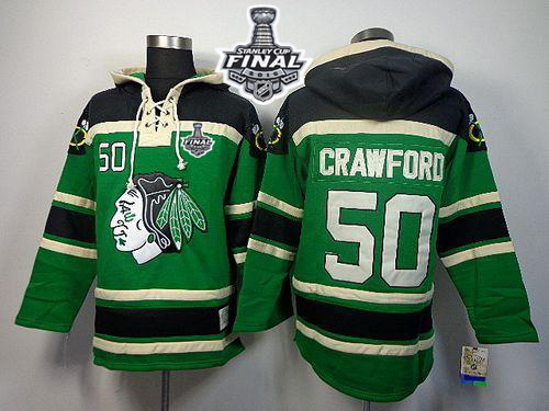 Blackhawks #50 Corey Crawford Green St. Patrick's Day McNary Lace Hoodie 2015 Stanley Cup Stitched NHL Jersey